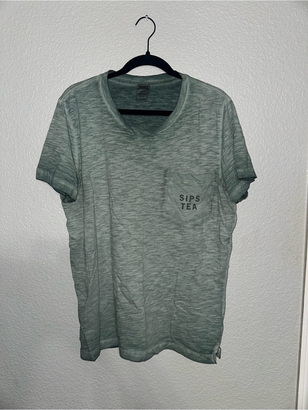 PINK Victoria's Secret Sage Green 'SIPS TEA' Pocket Tee